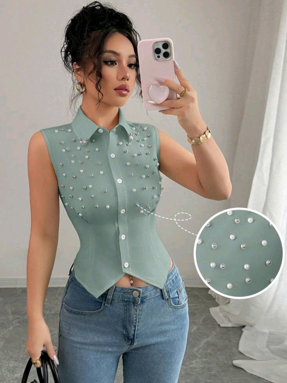 Pearl-Embellished Mint Sleeveless Button Down Top - Women